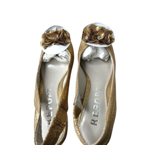 Report Gold Slingback Wedge Sandals With Floral Accents & Glitter Finish Size 8 - Picture 9 of 9